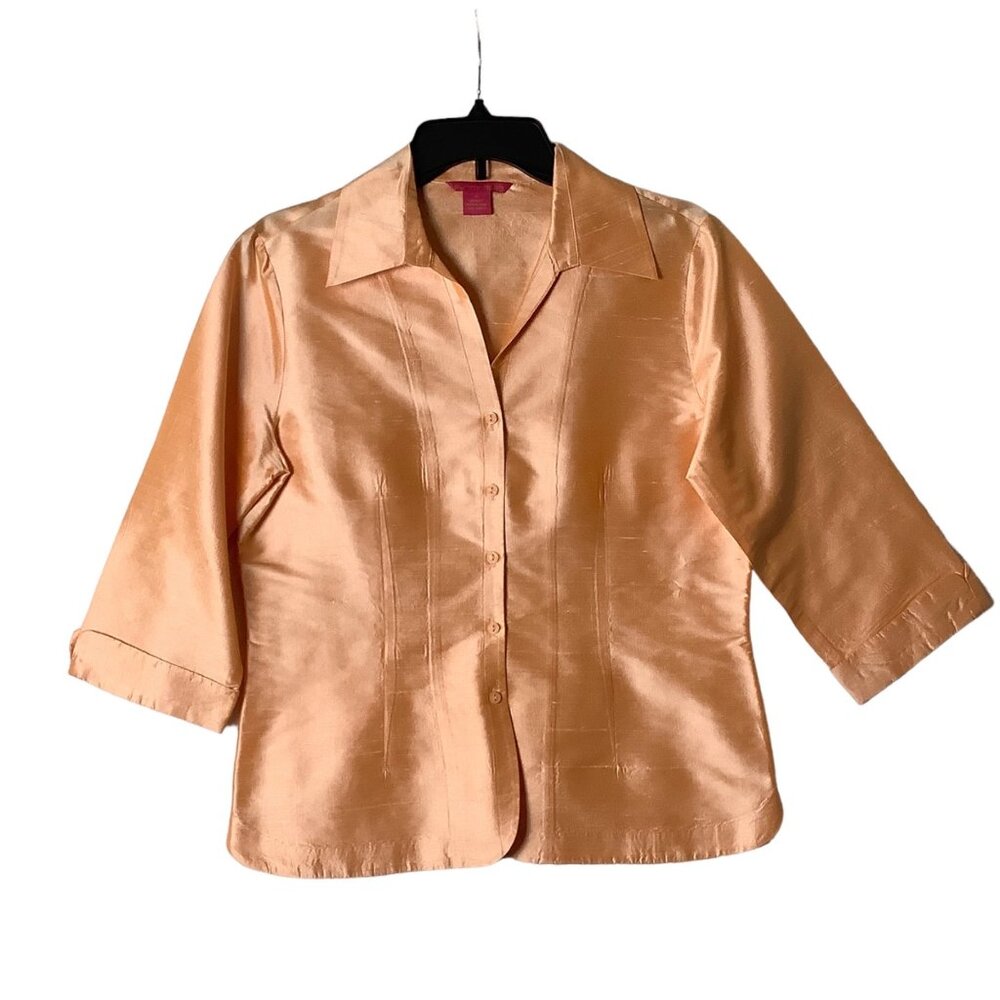 Vtg Sunny Leigh 100% Silk Blouse Women Medium Peach‎ 3/4 Sleeve Business Formal